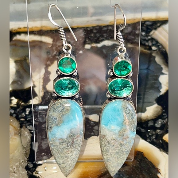Beautiful Large Caribbean Larimar Earrings 2 7/8” - Picture 7 of 14